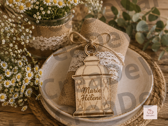 Porte-nom mariage en bois en forme de lanterne avec ficelle de jute sur une décoration de table bohème et champêtre