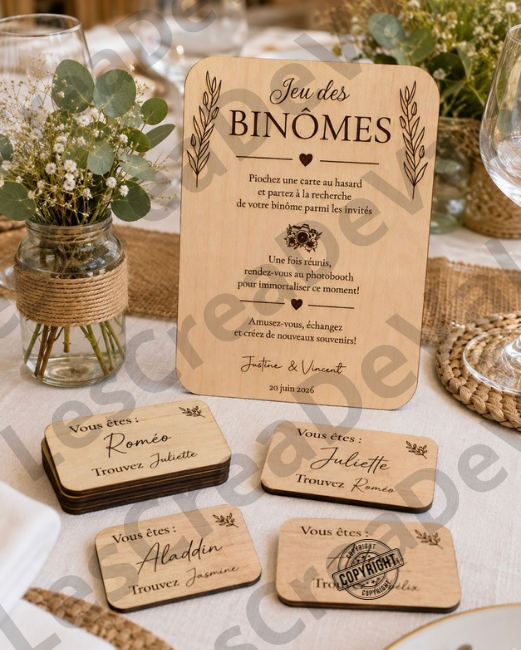 Animation mariage originale jeu des binômes en bois Jeu des binômes mariage présenté sur table de réception bohème chic
