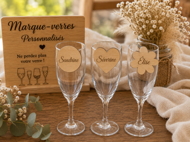 Marque-verres personnalisés pour mariage sur verres à champagne Marque-verres mariage personnalisés sur flûtes à champagne – modèles fleur, cœur et rond