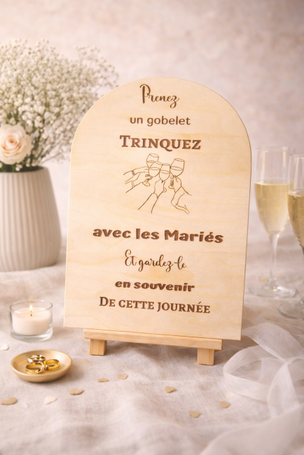 Panneau mariage bois gravé – souvenir invités élégant panneau mariage bois gravé souvenir invités trinquez avec les mariés décoration élégante