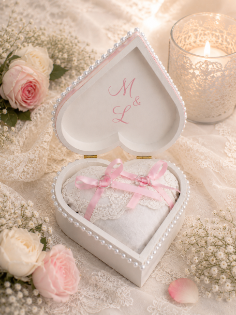 Boîte à alliances cœur ouverte avec coussin en dentelle, rubans roses et initiales des mariés