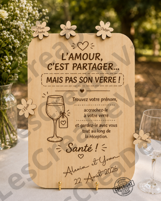 Panneau mariage en bois personnalisé avec message humoristique et marque-verres fleurs gravés pour invités
