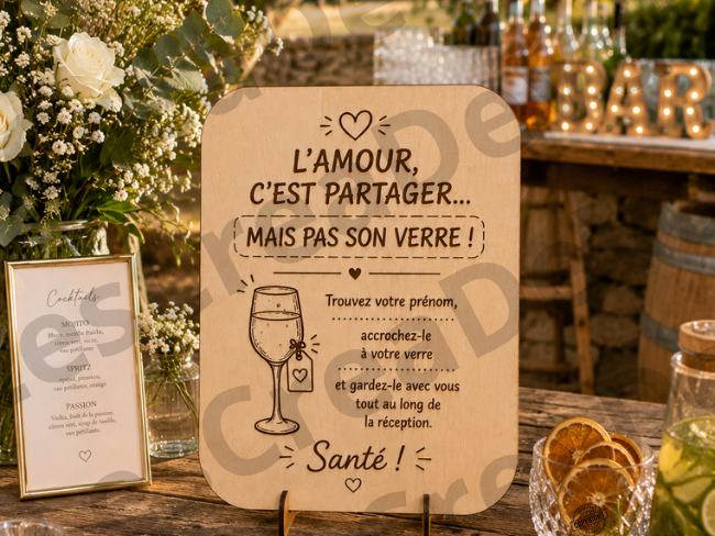 Panneau en bois gravé « L'amour c'est partager mais pas son verre » pour vin d'honneur en extérieur