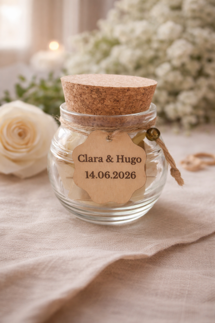 pot mariage personnalisé prénoms et date gravés sur étiquette bois