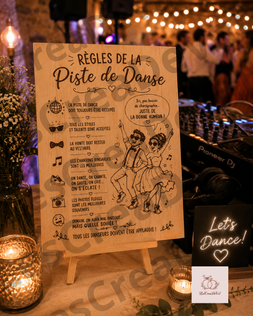 Panneau en bois Règles de la piste de danse avec couple de mariés danseurs présenté sur un petit chevalet de table