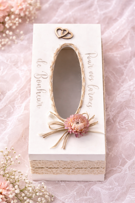 Détail dessus boîte à mouchoirs mariage bohème Boîte à mouchoirs mariage vue du dessus avec inscription Pour vos larmes de bonheur et finition corde naturelle