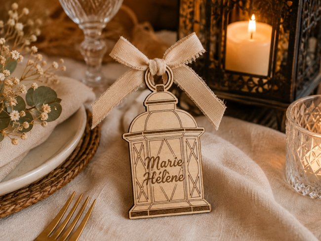 Marque-place mariage en bois personnalisé en forme de lanterne avec ruban satin dans une décoration de table romantique
