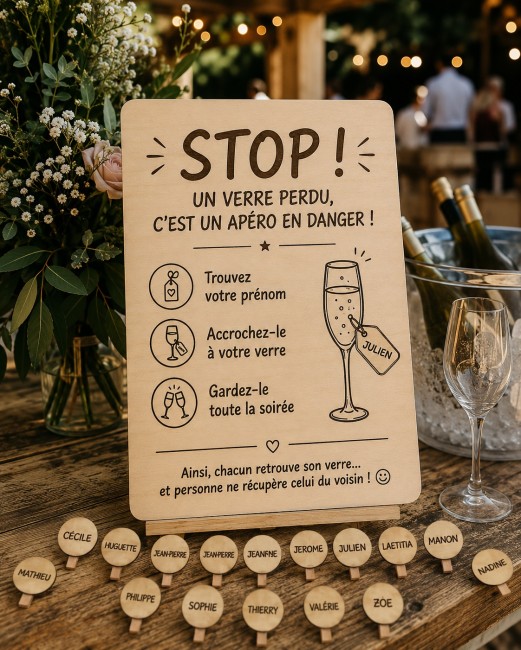 panneau-stop-verre-perdu-ambiance-mariage Panneau en bois STOP un verre perdu présenté avec les marque-verres personnalisés en ambiance mariage