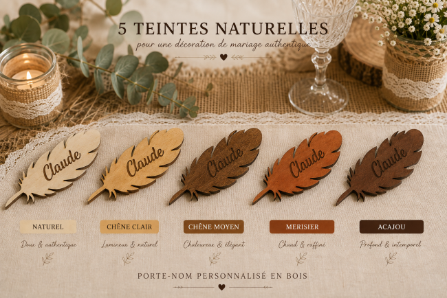 Porte-nom plume personnalisé disponible en 5 teintes de bois Porte-nom mariage plume personnalisé en bois disponible en cinq teintes : naturel, chêne clair, chêne moyen, merisier et acajou