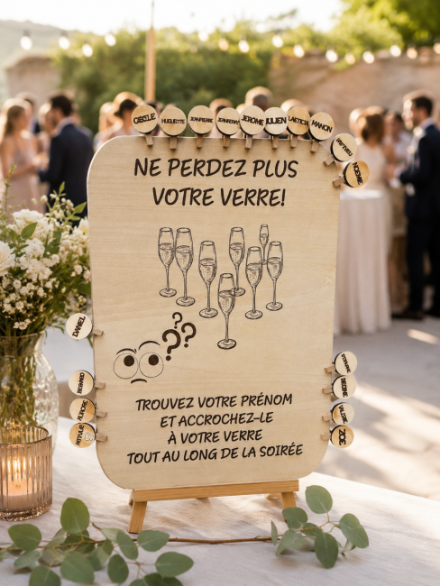 Panneau mariage « Ne perdez plus votre verre » personnalisé Panneau mariage marque-verres personnalisé en bois avec porte-verres ronds