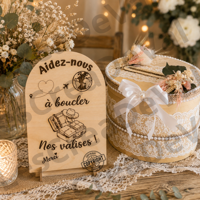 Décoration urne mariage voyage avec panneau en bois gravé Urne mariage avec panneau en bois gravé LesCreaDeVal