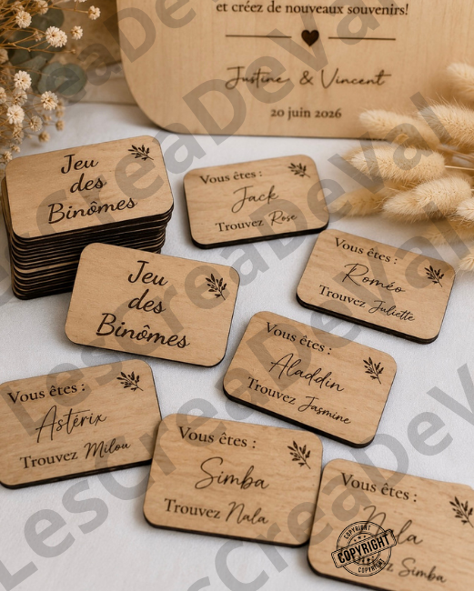 Cartes gravées en bois du jeu des binômes pour animation originale pendant le mariage Cartes gravées en bois du jeu des binômes pour animation originale pendant le mariage