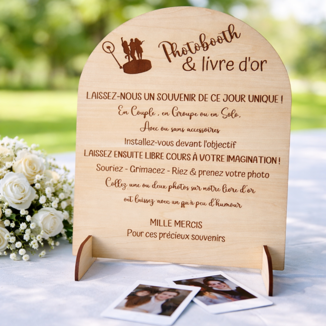 PPanneau photobooth mariage en bois gravé avec livre d’or et photos instantanées décoration mariage champêtre