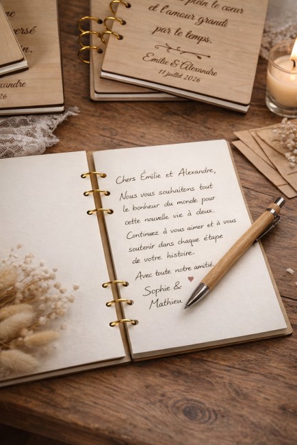 message écrit par les invités dans un livre d’or mariage en bois