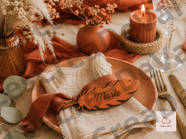 Porte-nom mariage plume en bois teinté merisier personnalisé pour une décoration de table chaleureuse et automnale