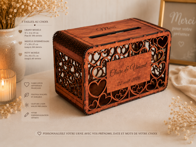 Urne de mariage en bois personnalisée motif cœurs Urne de mariage personnalisée en bois motif cœurs avec prénoms gravés – fabrication artisanale