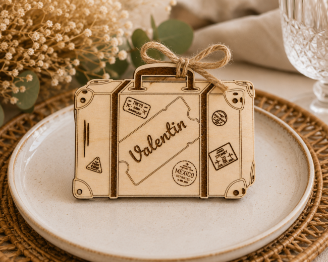 Marque-place mariage valise avec ficelle de jute personnalisée Marque-place mariage en bois en forme de valise avec ficelle de jute personnalisé au prénom de l'invité