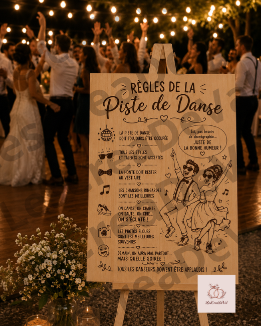 Panneau Règles de la piste de danse avec couple de mariés danseurs devant une piste de danse animée