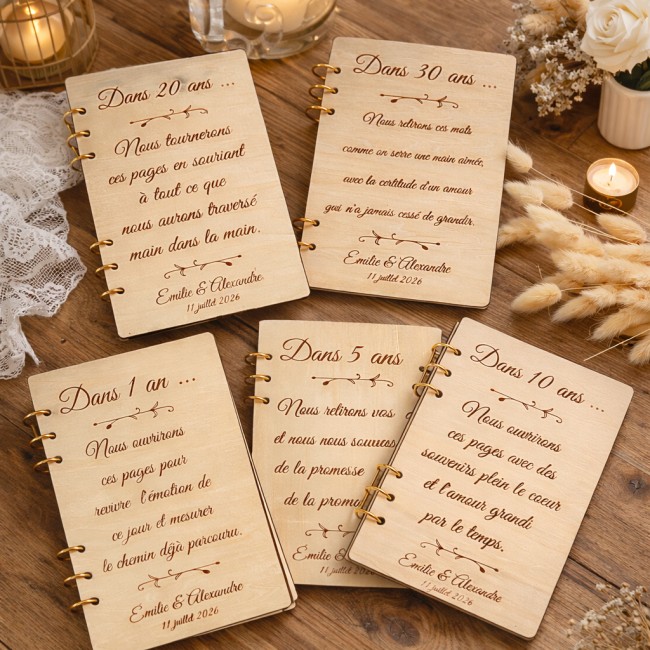 livre d’or mariage capsule temporelle en bois avec livrets 1 an 5 ans 10 ans 20 ans et 30 ans