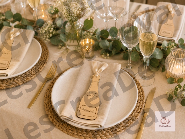 Marque-place bouteille de champagne sur table de mariage Décoration de table de mariage avec porte-nom en bois bouteille de champagne personnalisé et ruban satin