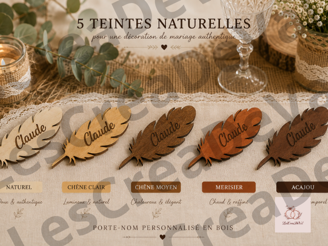 Porte-nom mariage plume personnalisé en bois disponible en cinq teintes : naturel, chêne clair, chêne moyen, merisier et acajou