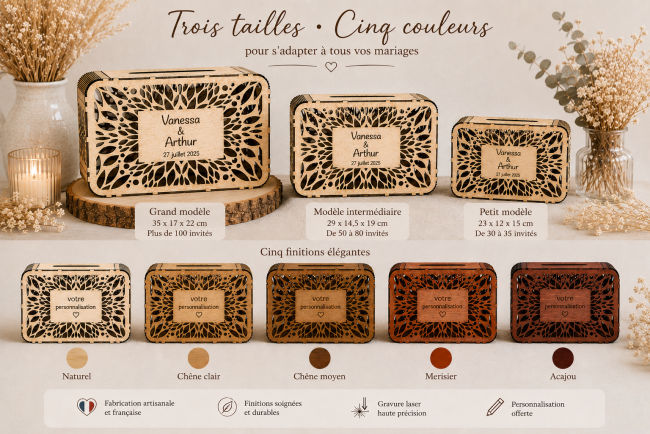 Urne de mariage personnalisée Rosace – trois tailles Urne de mariage en bois personnalisée Rosace disponible en trois tailles