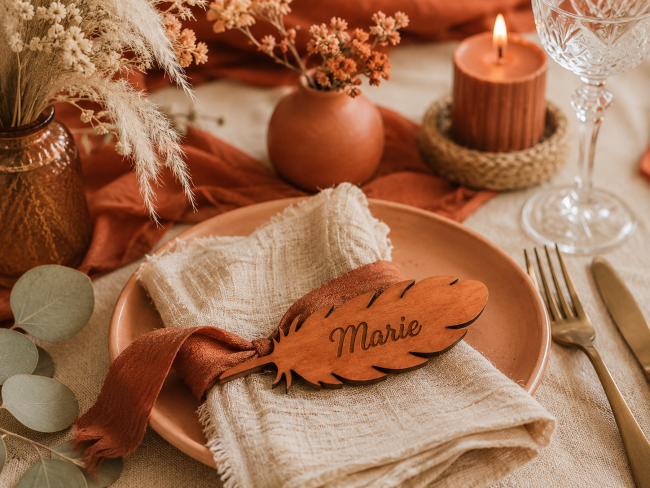 Porte-nom plume personnalisé teinte merisier Porte-nom mariage plume en bois teinté merisier personnalisé pour une décoration de table chaleureuse et automnale