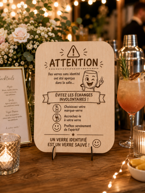 Panneau humoristique marque-verre en bois gravé présenté sur un comptoir à cocktails de mariage