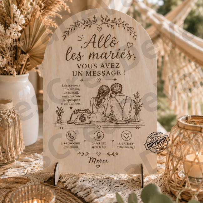Panneau livre d’or audio mariage en bois gravé style bohème