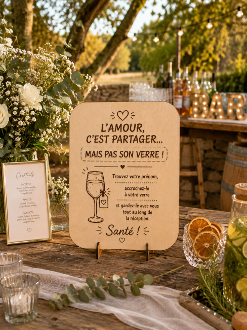 Panneau en bois gravé « L'amour c'est partager mais pas son verre » pour vin d'honneur en extérieur