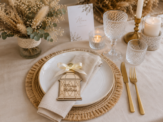 Porte-nom mariage en bois personnalisé en forme de lanterne présenté sur une assiette dans une décoration de table champêtre