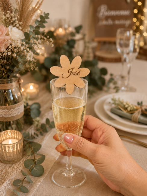 Marque-verre fleur personnalisé pour mariage Marque-verre fleur personnalisé en bois accroché à une flûte de champagne