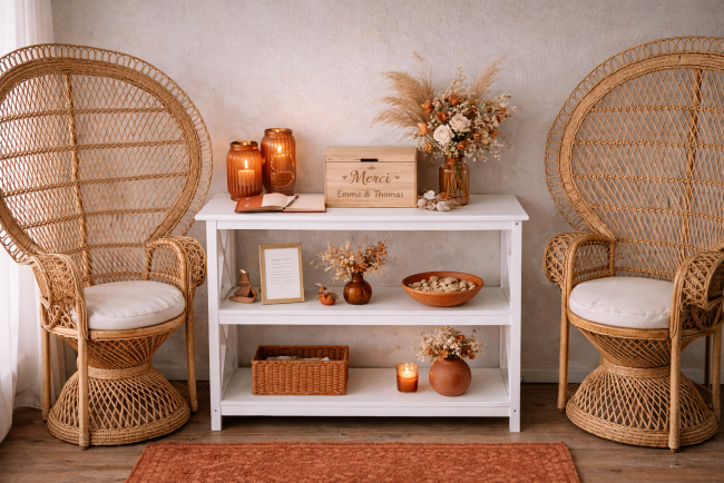 Location espace urne mariage avec fauteuils rotin terracotta – Décoration bohème Toulouse Console blanche avec deux fauteuils en rotin style Emmanuelle terracotta – espace urne et livre d’or mariage