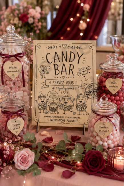 Panneau Candy Bar en bois pour table de bonbons mariage