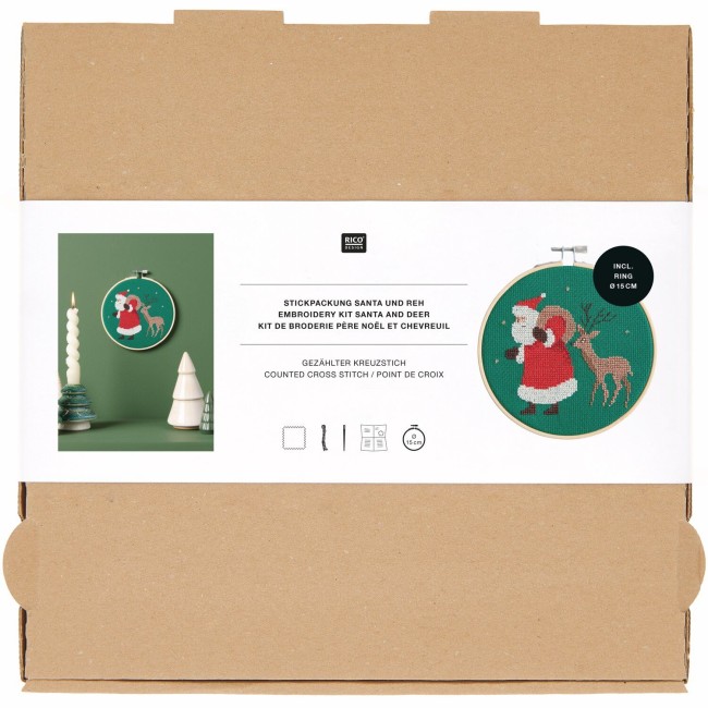 Kit de broderie au Point de Croix - Père Noël et Renne 15 cm