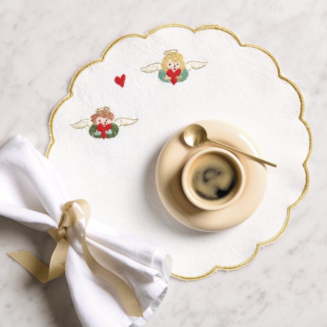 Set de table rond à broder 100% coton Or/Blanc - 30 cm  Vendu par 2 Sets