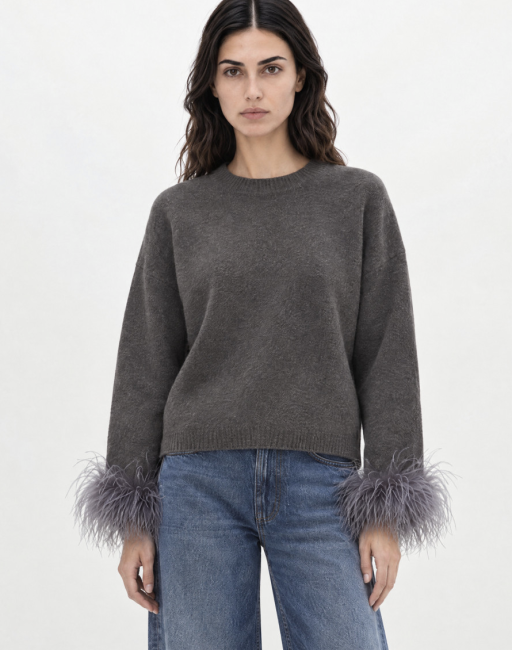 MYBIRD • Pull gris à poignets plumes- Berenice