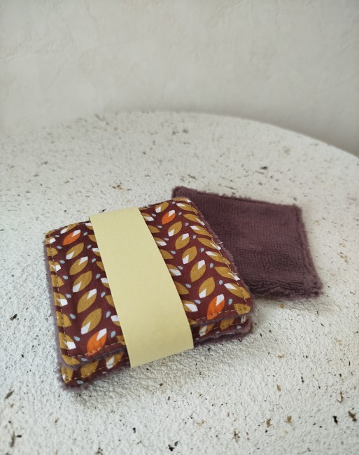 Lot de 5 lingettes démaquillantes réutilisables / éponge bambou marron - Fait main - Made in France