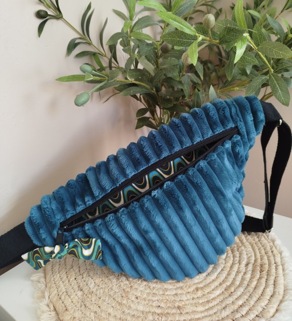 Sac Banane Femme Bleu Canard et Vert en Velours Côtelé – Fait Main & Made in France
