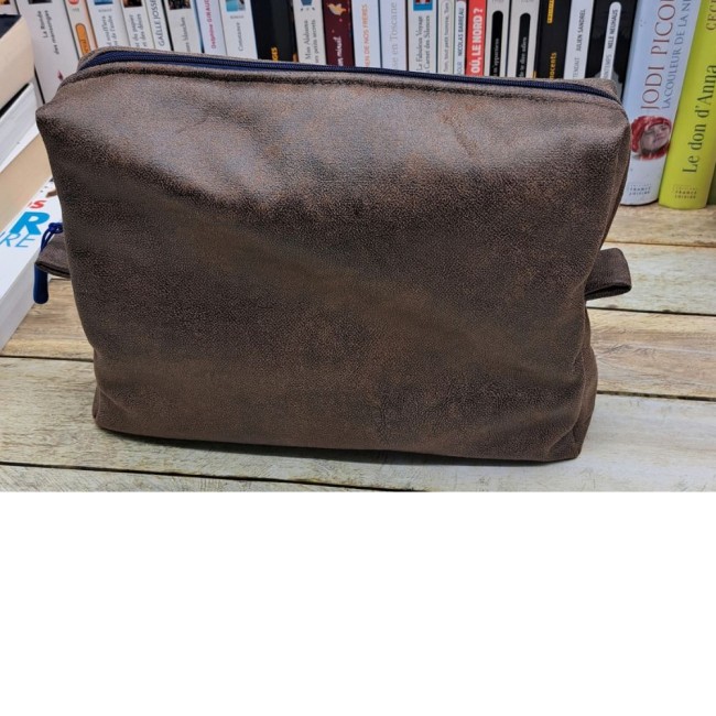 Pochette en tissu fait main, trousse de toilette rectangulaire 27 x 20 x 8 cm en tissu simili cuir marron vue 4