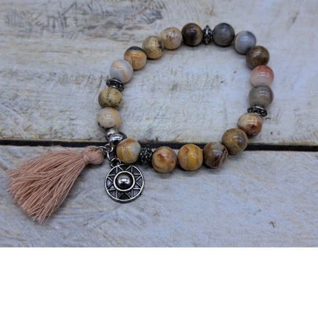 Bracelet en perle de pierre de gemmes agate yellow crazy, bracelet élastique 16 cm, breloque, pompon