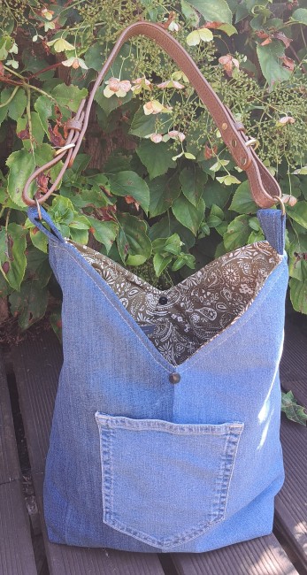 Sac à main en tissu fait main , sac cabas en tissu jeans et coton, anse réglable vue 5