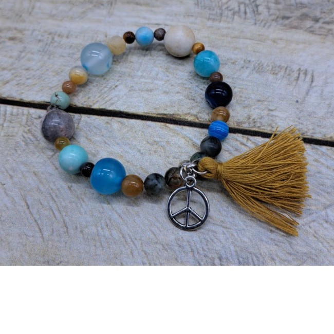 Bracelet en perle de pierre de gemmes bleu beige, bracelet élastique 16 cm, breloque, pompon