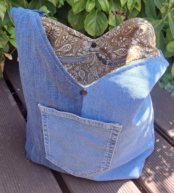 Sac à main en tissu fait main , sac cabas en tissu jeans et coton, anse réglable vue 4