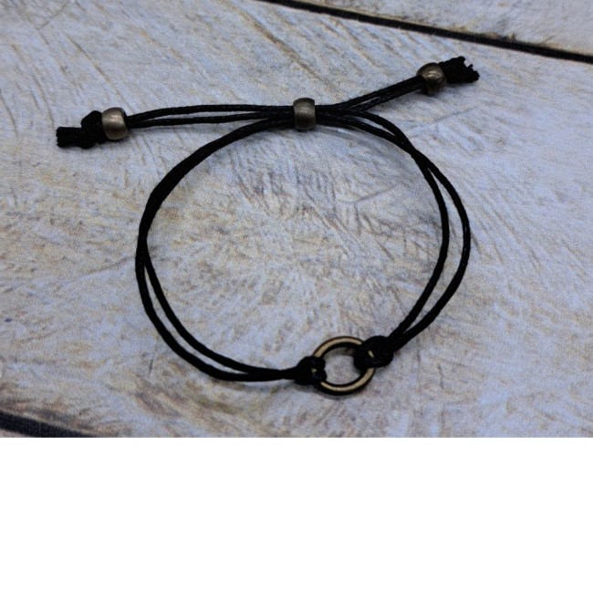 Bracelet ajustable en cordon de coton ciré noir et connecteur en métal bronze