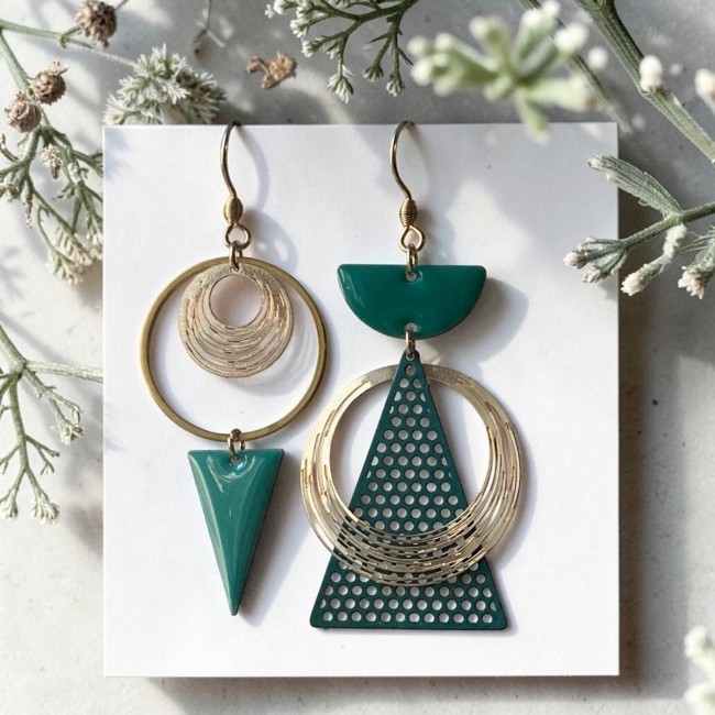 Boucles d'oreilles asymétriques graphiques doré et triangles verts - fait main