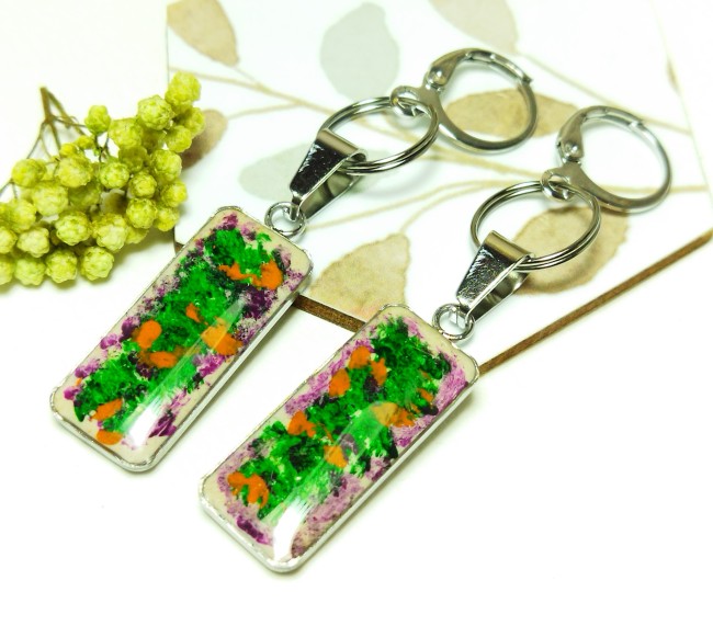 Boucles d'oreilles picturales "Jardin Abstrait" -  Cabochons peints à la main vert, orange & violet