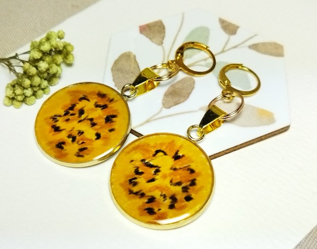 Boucles d'oreilles "Soleil d'Ambre" -  Jaune doré et noir -  Pièce unique