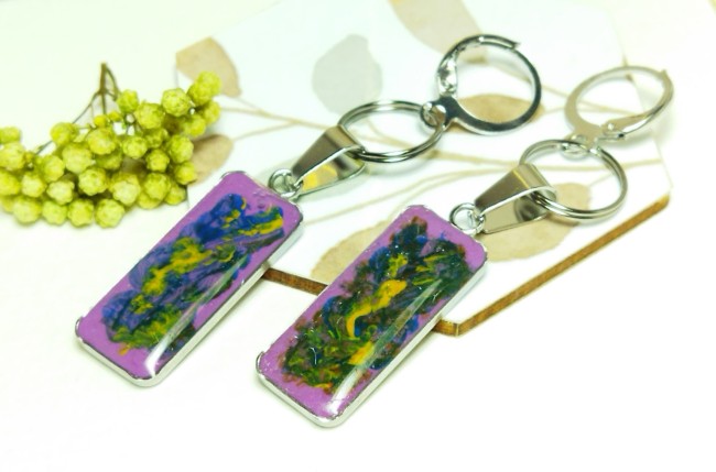 Boucles d'oreilles "Jardin Violet" -  Cabochons pictureaux peints à la main