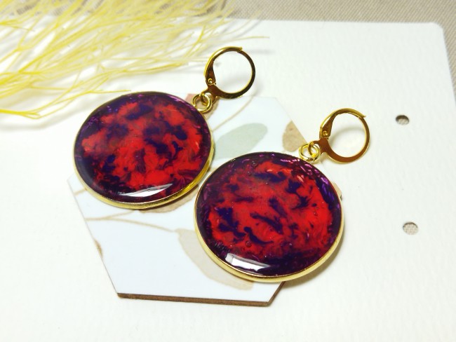 Boucles d'oreilles "Passion Pourpre" -  Cabochons picturaux rouges et violets, peinture abstraite